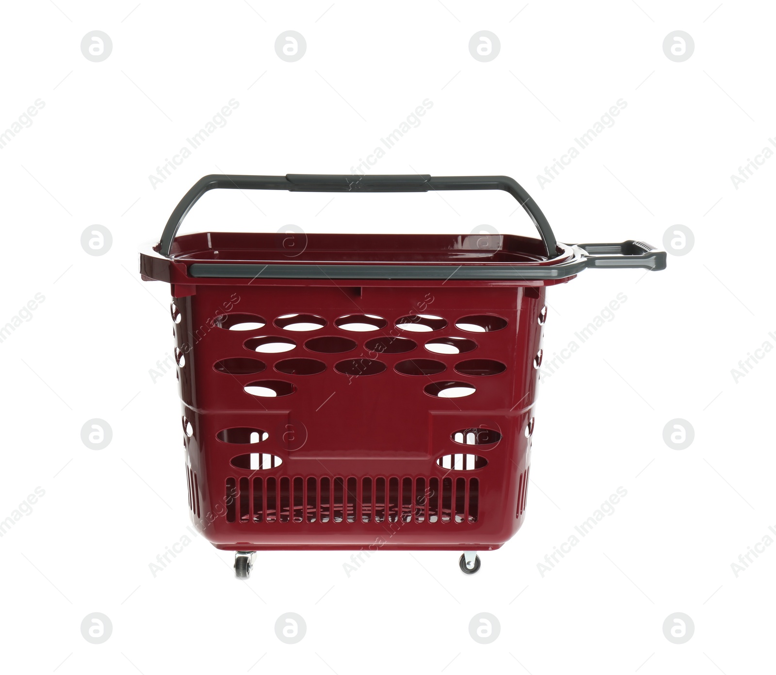 Photo of Red empty shopping basket isolated on white