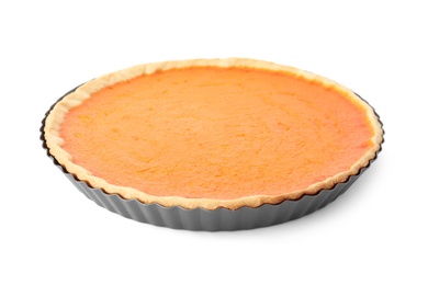 Photo of Delicious homemade pumpkin pie in metal pan isolated on white