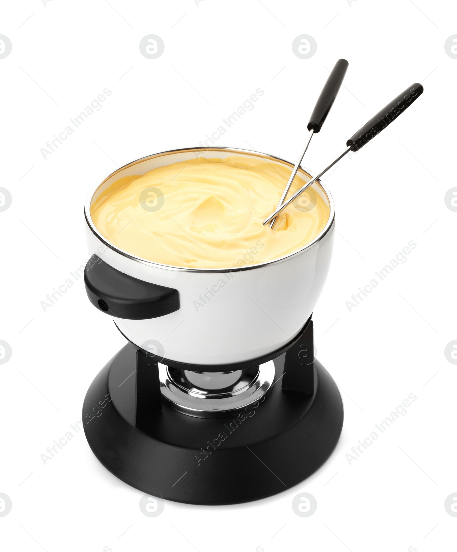 Photo of Pot with delicious cheese fondue and forks on white background