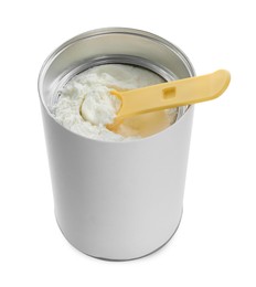 Photo of Blank can of powdered infant formula with scoop on white background. Baby milk