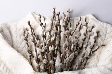Photo of Beautiful blooming willow branches wrapped in white sweater on light grey background, top view