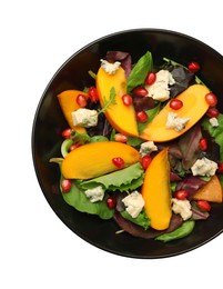 Delicious persimmon salad with pomegranate and spinach isolated on white, top view