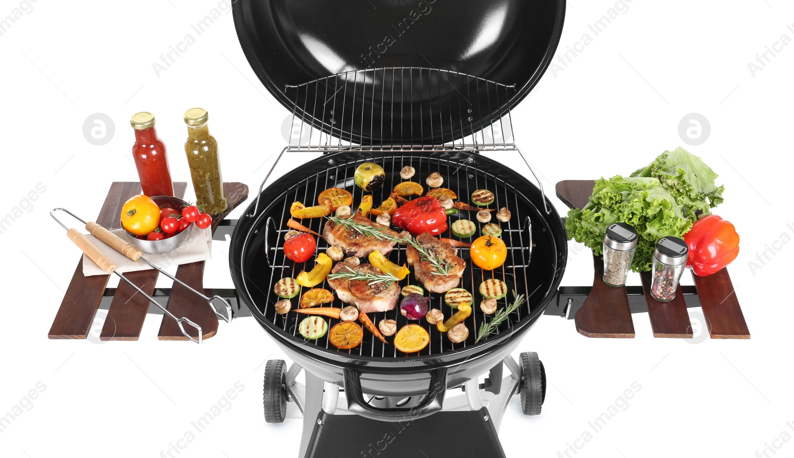 Photo of Modern barbecue grill with tasty food on white background