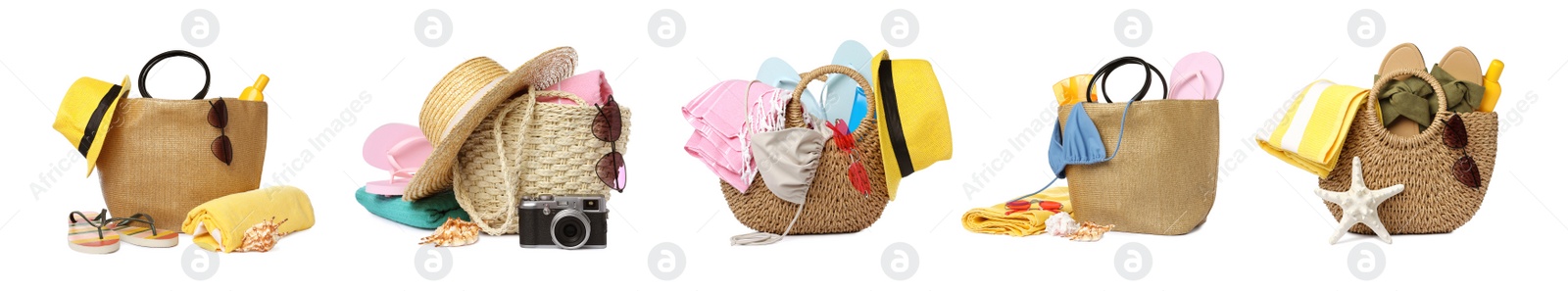 Image of Set with different stylish bags and beach accessories on white background. Banner design