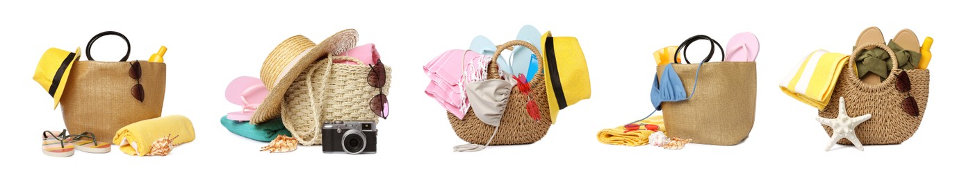 Image of Set with different stylish bags and beach accessories on white background. Banner design