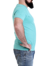 Overweight man isolated on white, closeup. Weight loss