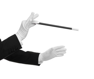 Magician holding wand on white background, closeup