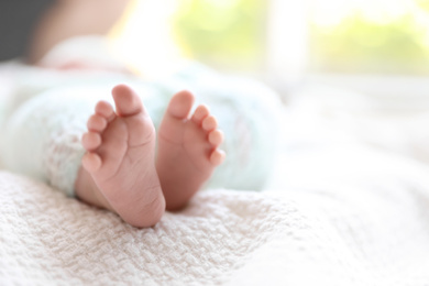 Newborn baby lying on white plaid, closeup of legs. Space for text