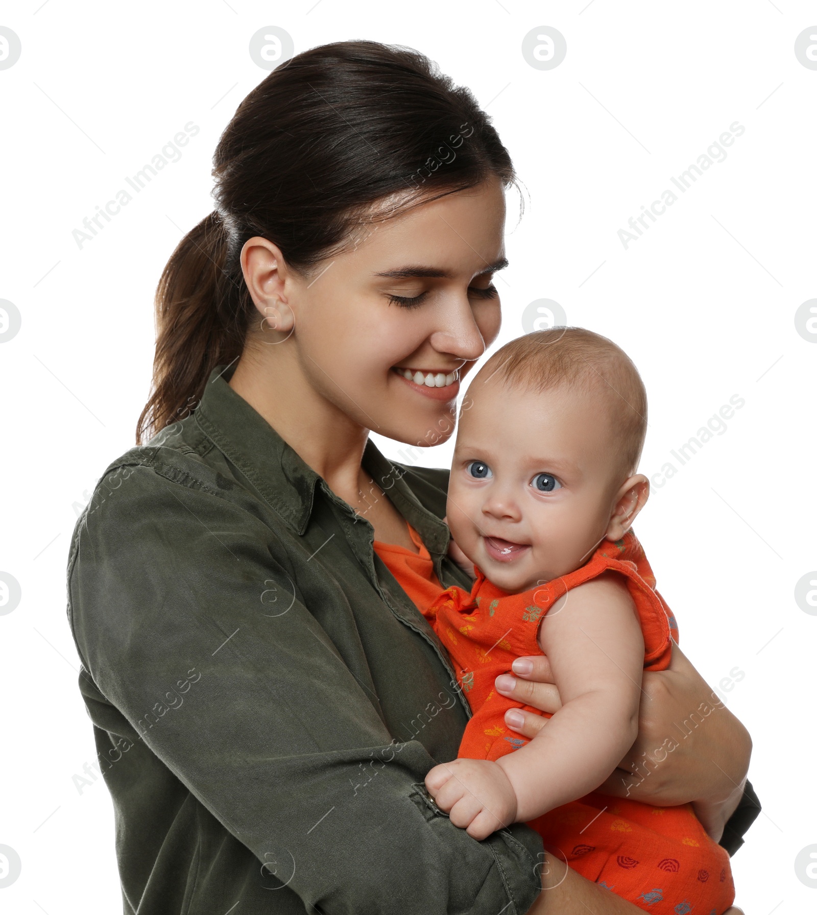 Photo of Beautiful mother with her cute baby on white background