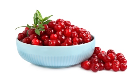 Fresh ripe cranberries with leaves on white background