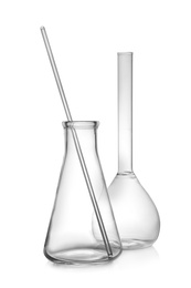 Clean empty laboratory glassware on white background