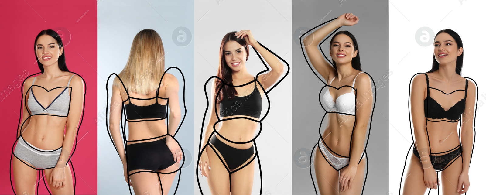 Image of Collage with photos of slim young women wearing beautiful underwear on different color backgrounds, banner design. Illustrations of lines around ladies before weight loss