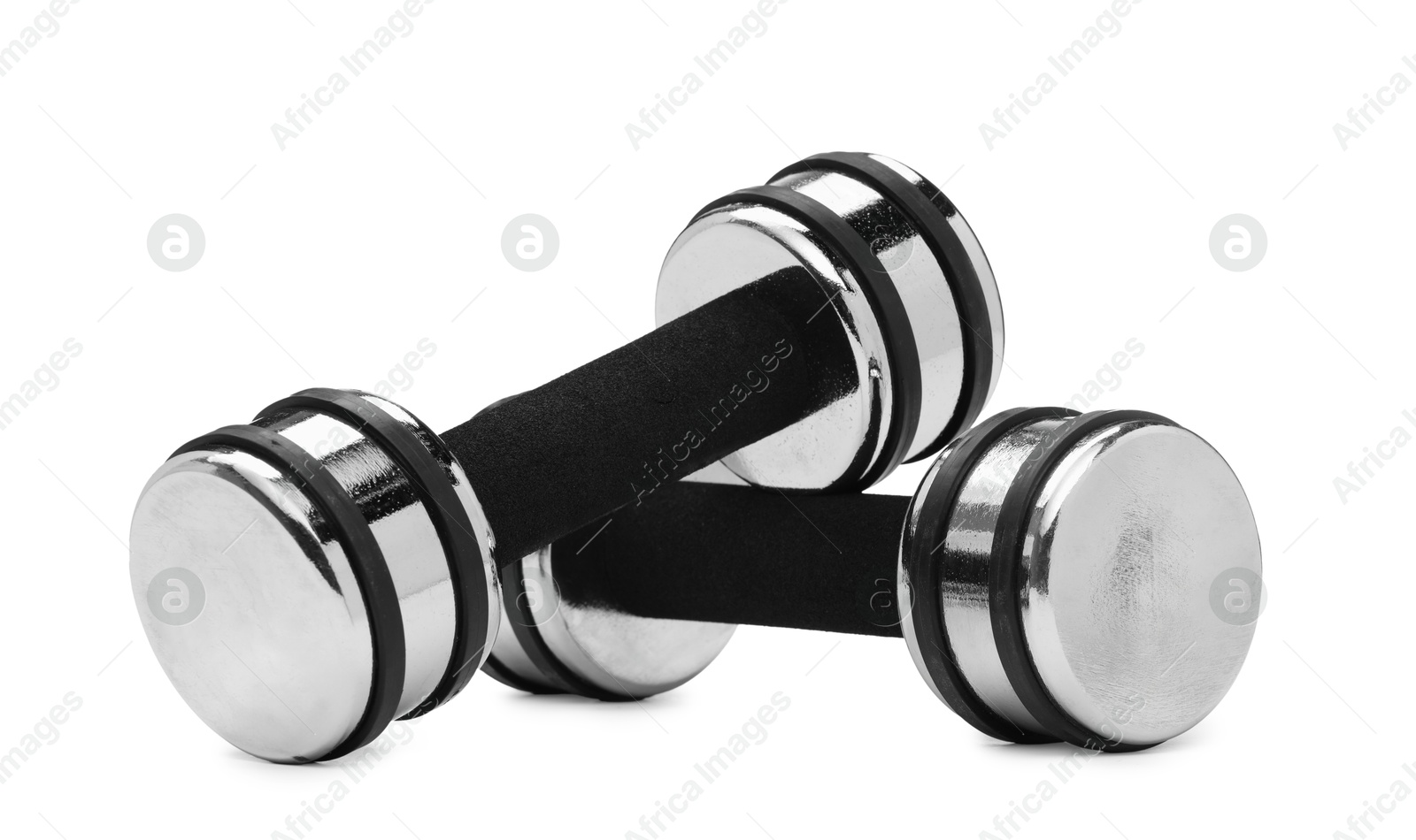 Photo of Metal dumbbells isolated on white. Sports equipment