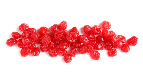 Photo of Tasty cherries on white background. Dried fruits as healthy food