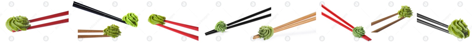 Image of Set with spicy wasabi paste and chopsticks on white background, top view