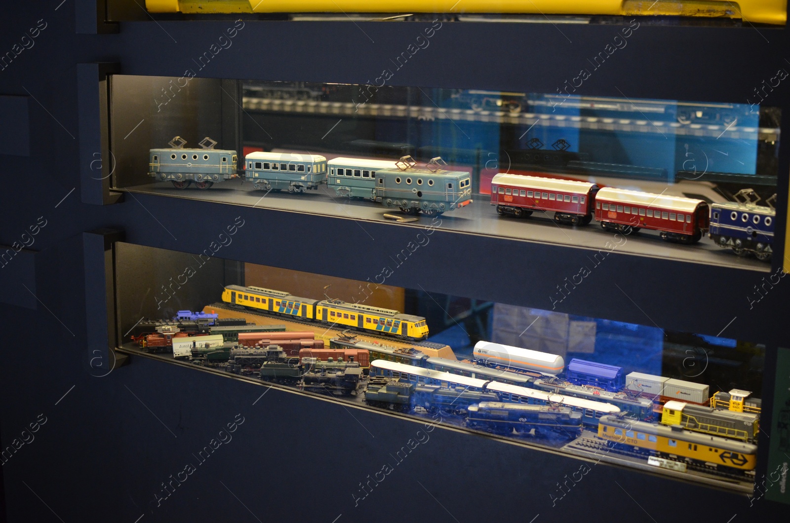 Photo of Utrecht, Netherlands - July 23, 2022: Models of different old trains on display in Spoorwegmuseum