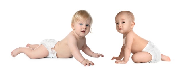 Image of Cute little babies on white background, collage. Banner design 