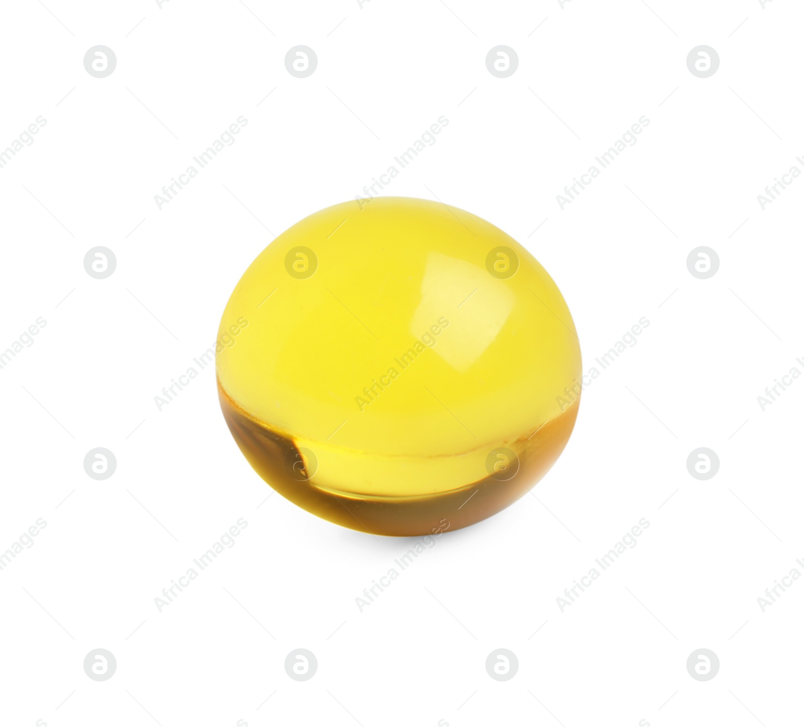 Photo of One yellow pill on white background. Medicinal treatment