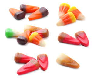 Image of Set of different jelly candies on white background