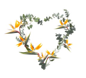 Image of Beautiful heart shaped composition made with tender flowers and green leaves on white background