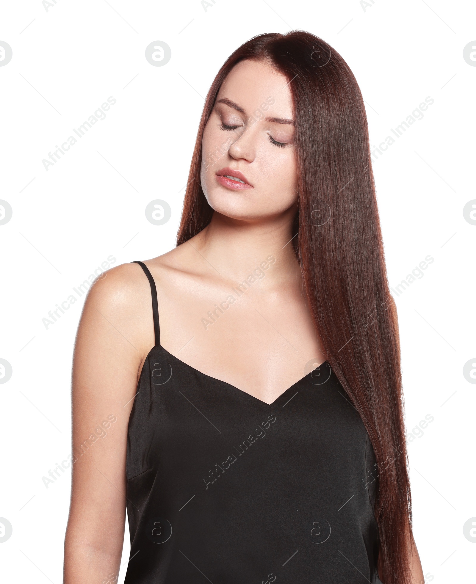 Photo of Portrait of beautiful young woman with healthy strong hair on white background