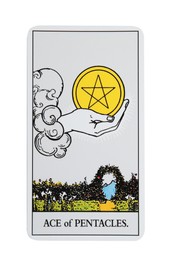 Photo of Ace of Pentacles isolated on white. Tarot card