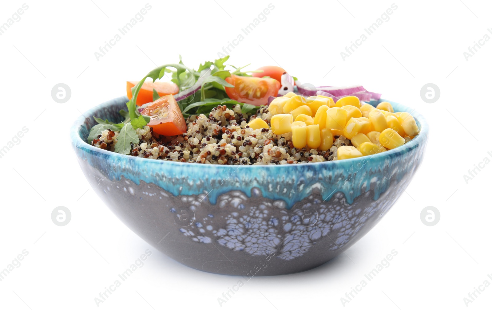 Photo of Healthy quinoa salad with vegetables in bowl isolated on white