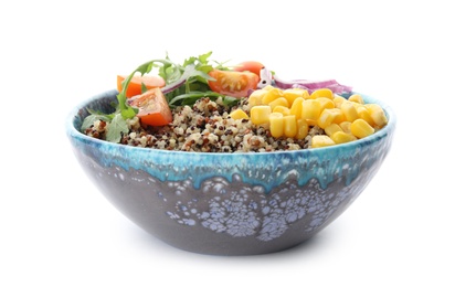 Photo of Healthy quinoa salad with vegetables in bowl isolated on white