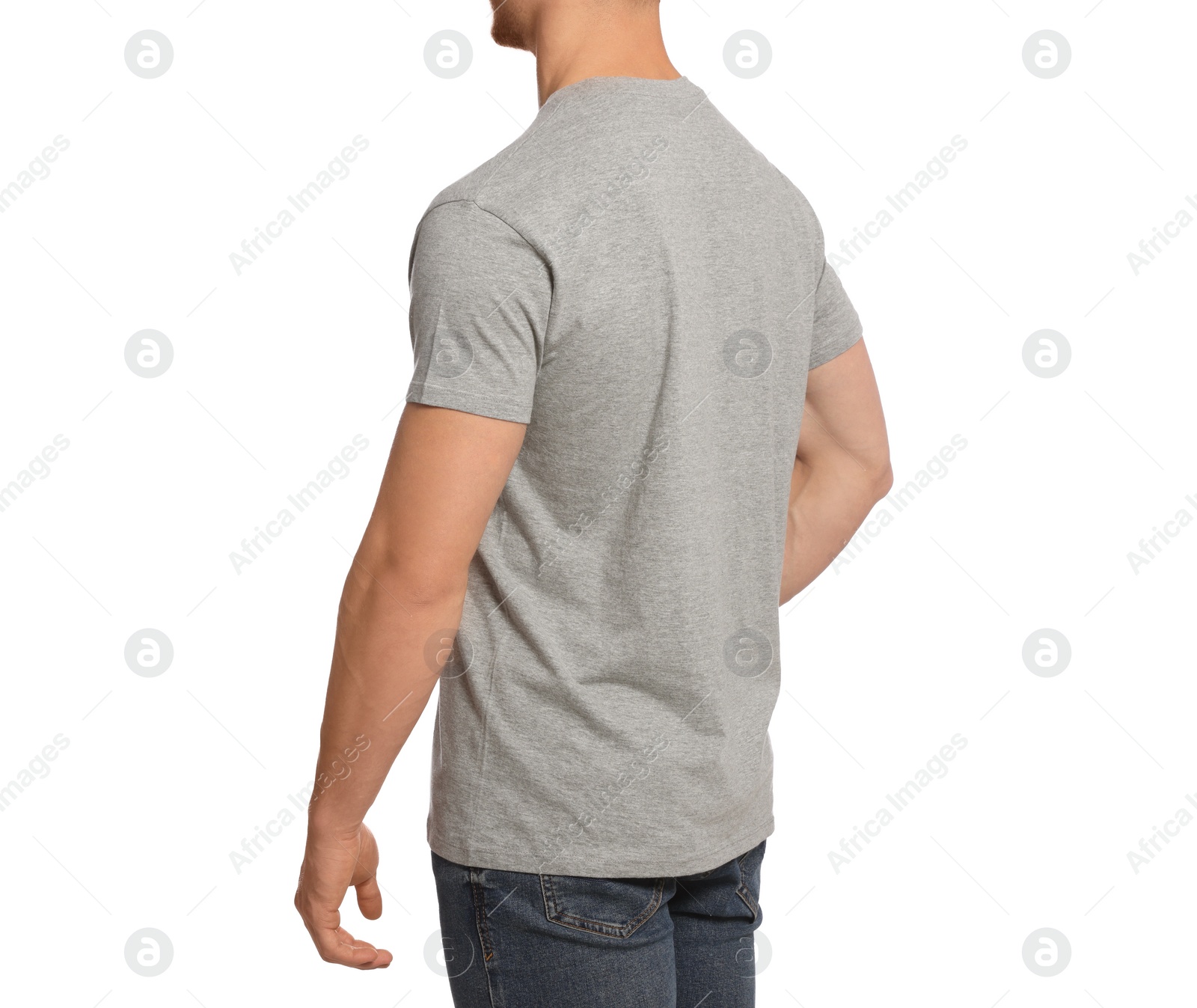 Photo of Man wearing grey t-shirt on white background, closeup. Mockup for design