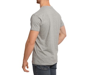 Photo of Man wearing grey t-shirt on white background, closeup. Mockup for design