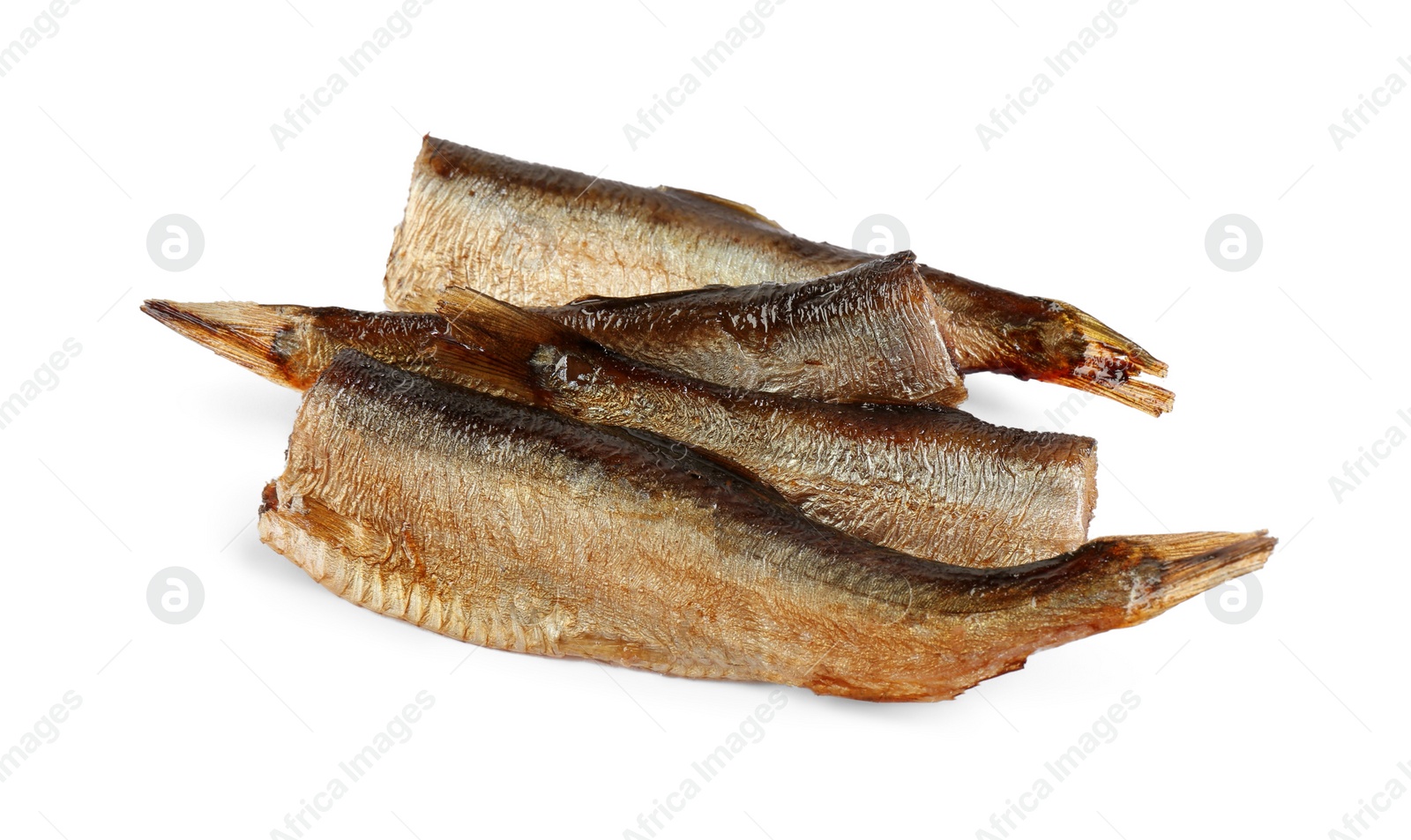 Photo of Many tasty canned sprats isolated on white