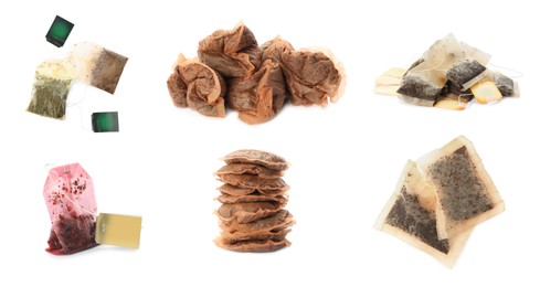 Image of Set with used tea bags on white background