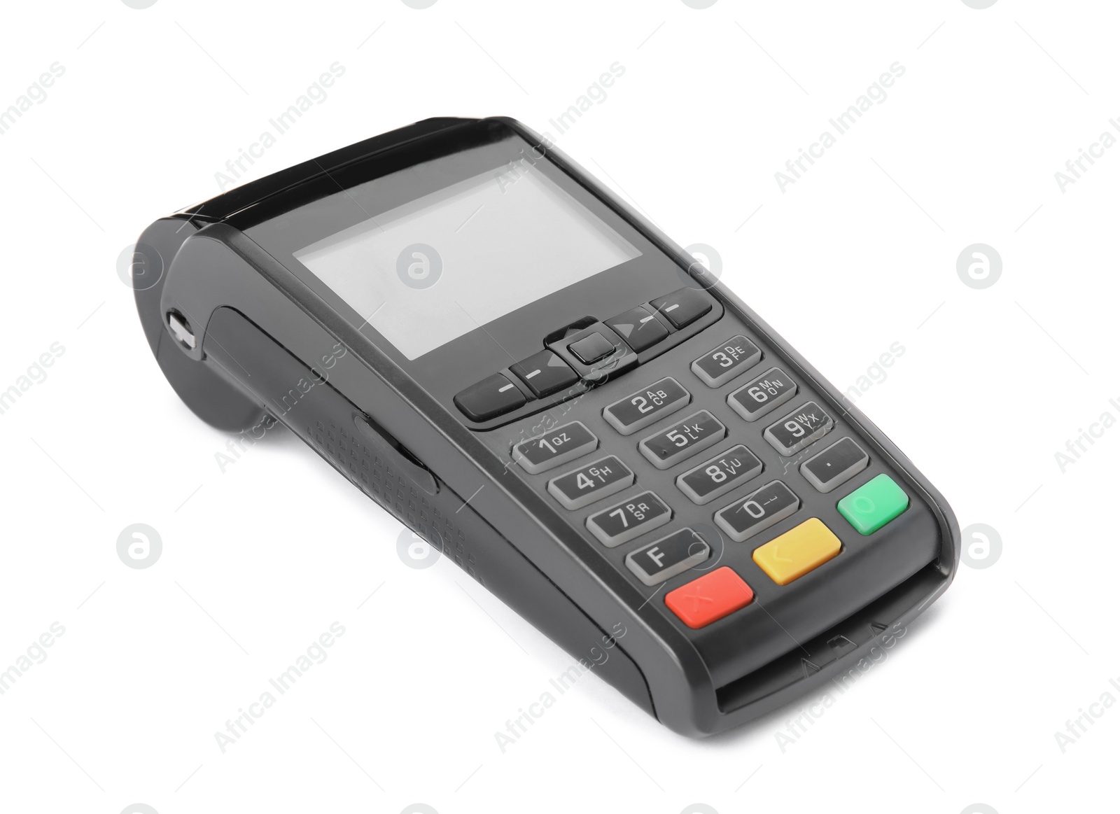 Photo of New modern payment terminal on white background