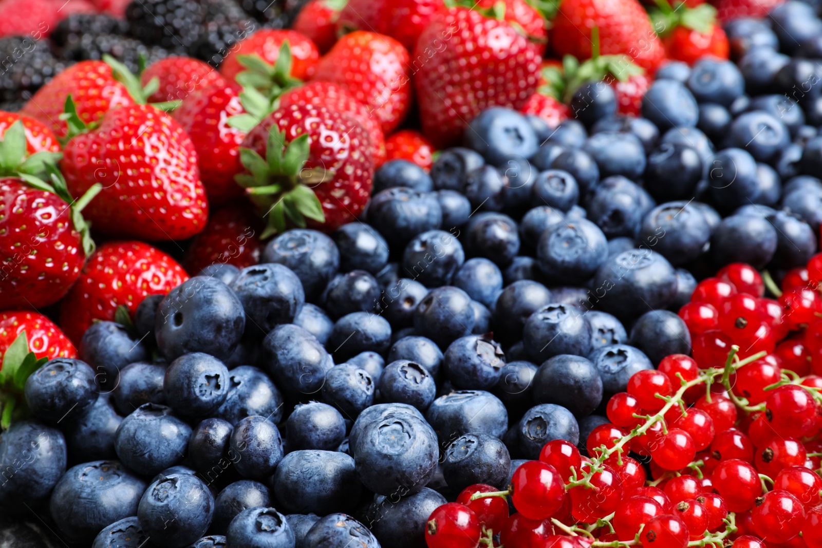 Photo of Mix of different ripe tasty berries as background, closeup view