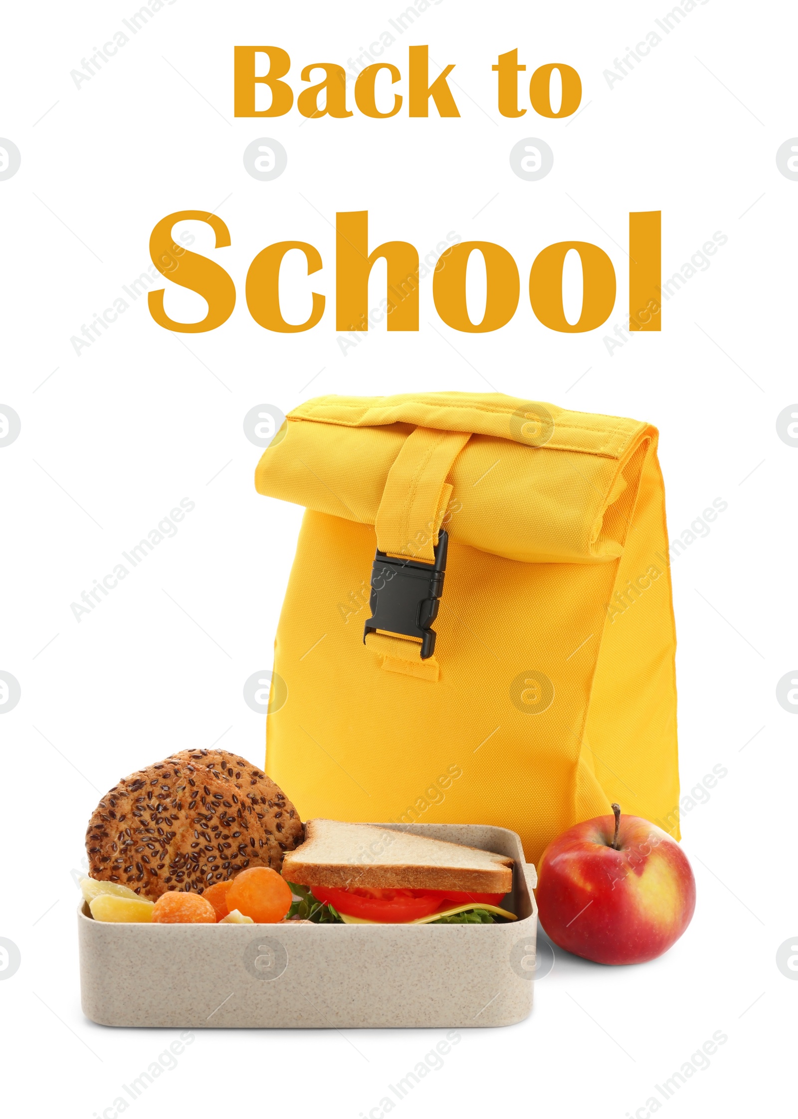 Image of Lunch box with appetizing food and bag on white background