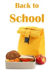 Image of Lunch box with appetizing food and bag on white background