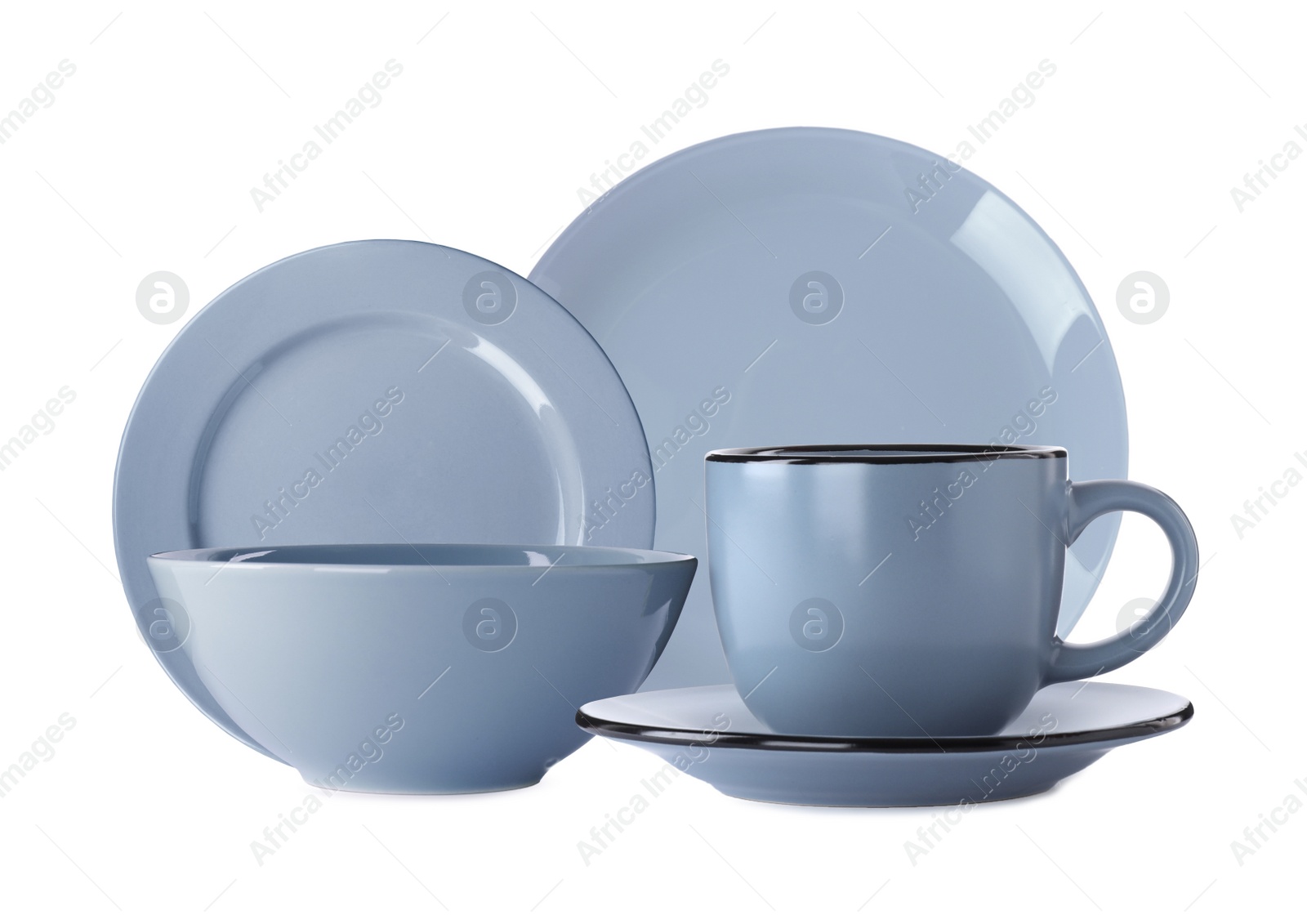 Image of Set of beautiful ceramic dinnerware on white background