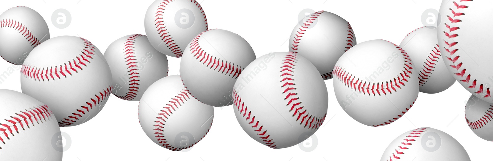 Image of Many baseball balls flying on white background