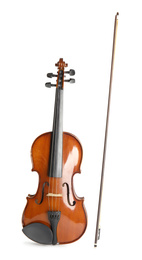 Photo of Classic violin and bow on white background. Musical instrument