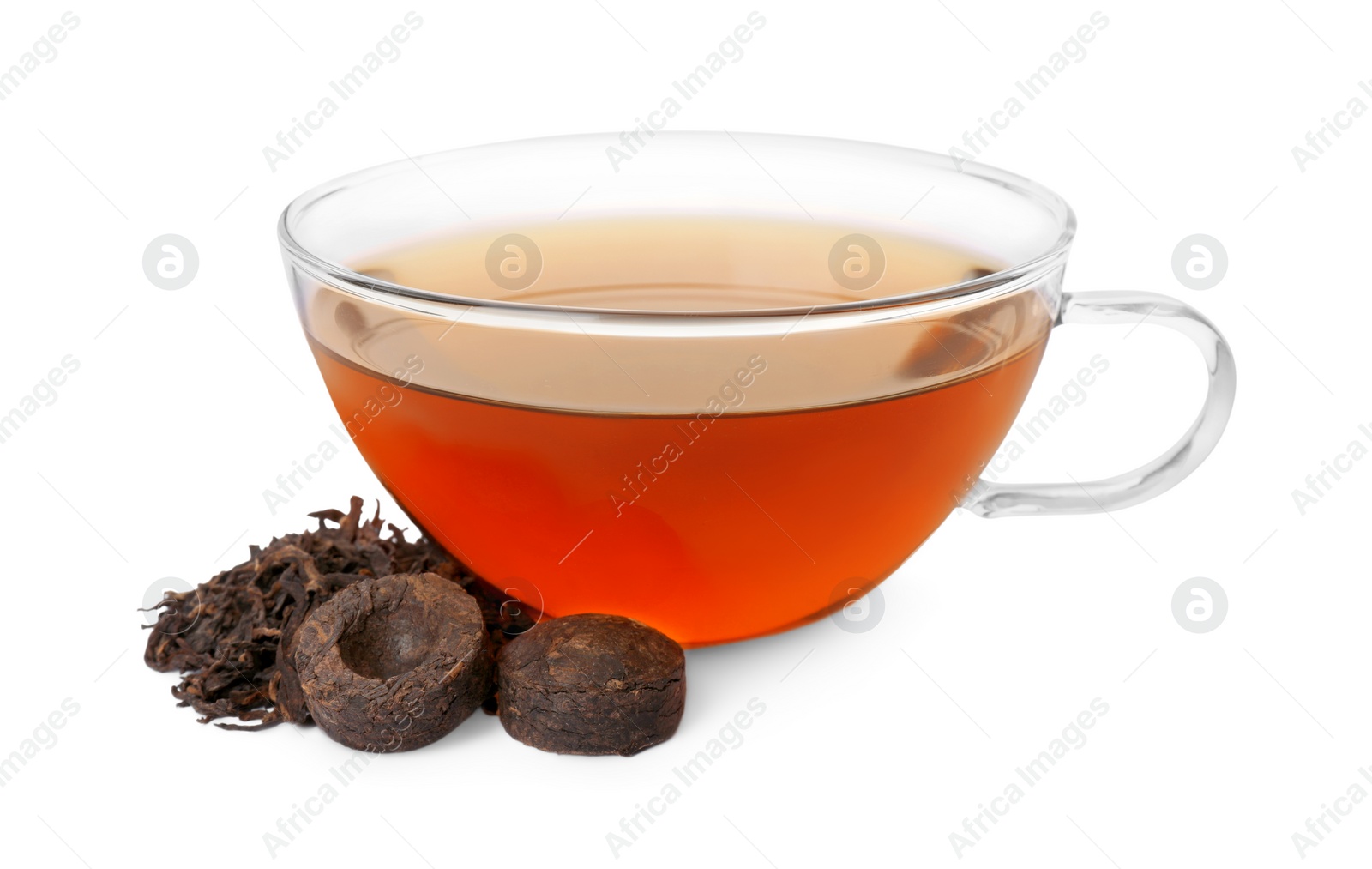 Photo of Traditional Chinese pu-erh tea and freshly brewed beverage isolated on white