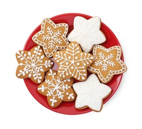 Tasty star shaped Christmas cookies with icing isolated on white, top view