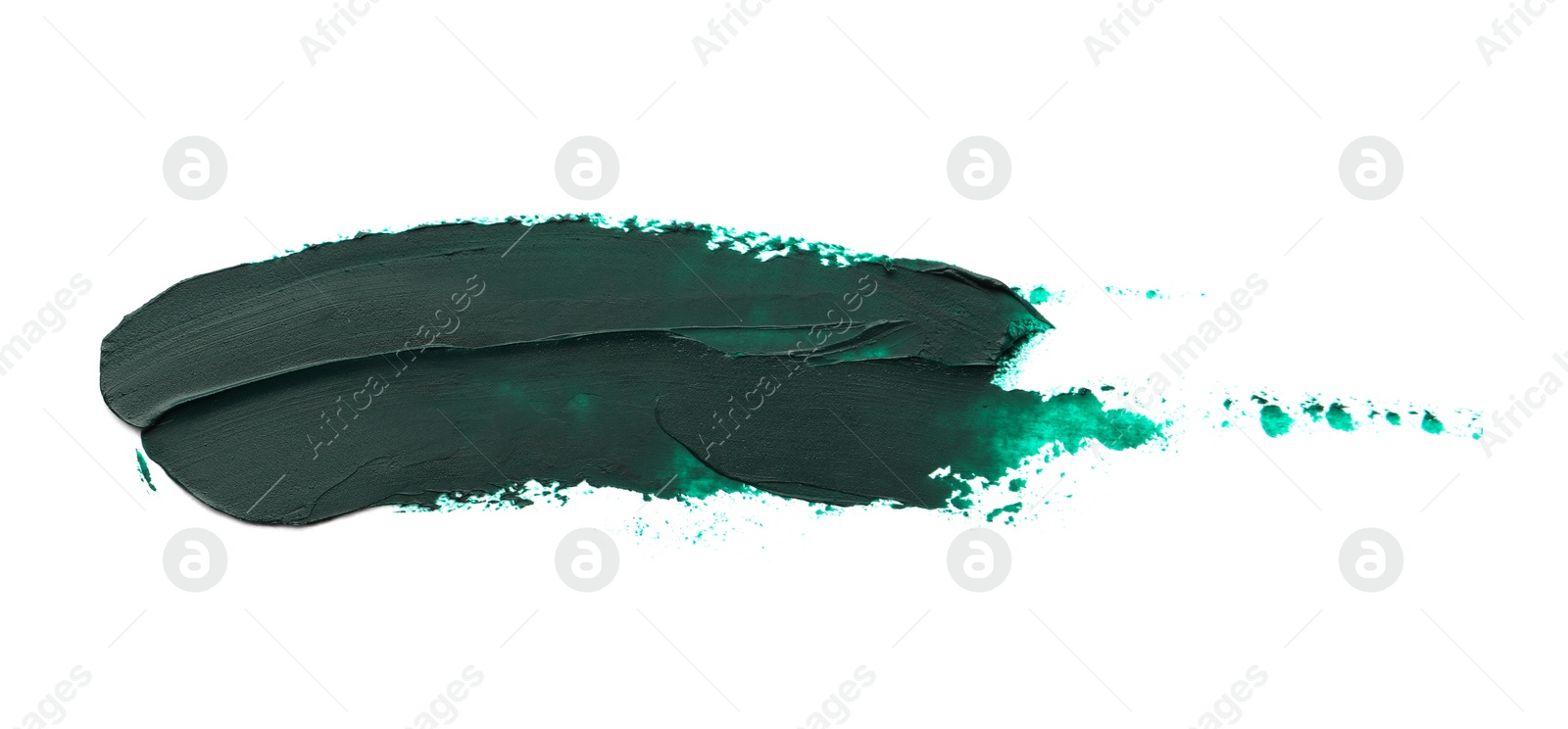 Photo of Dark green oil paint stroke on white background, top view