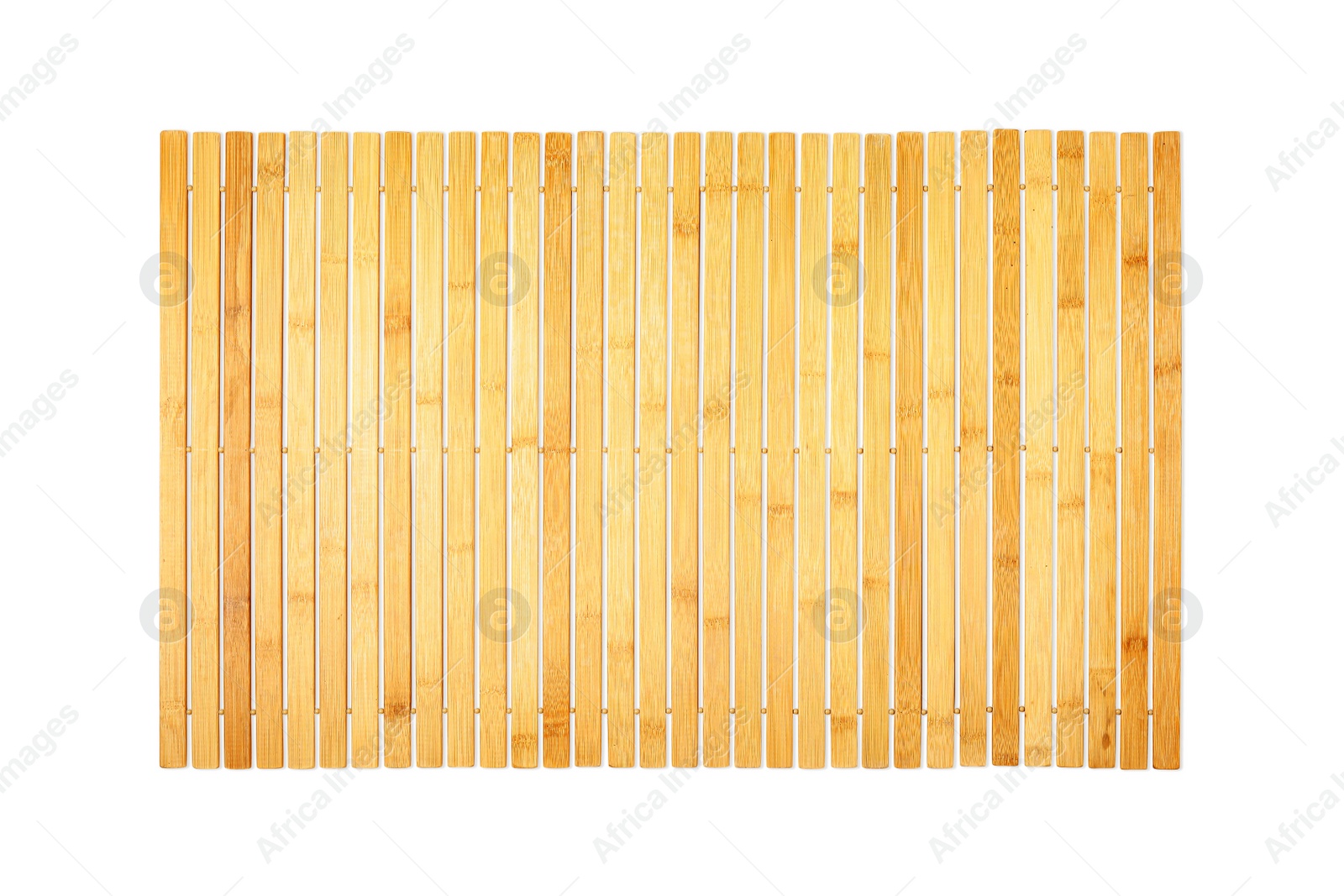 Photo of Wooden bath mat isolated on white, top view