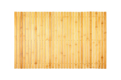 Photo of Wooden bath mat isolated on white, top view