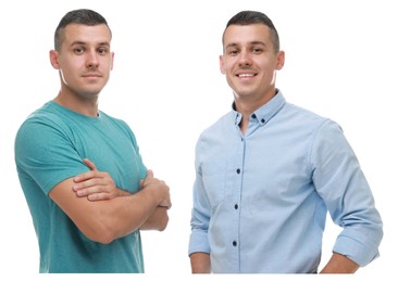 Portrait of twin brothers on white background