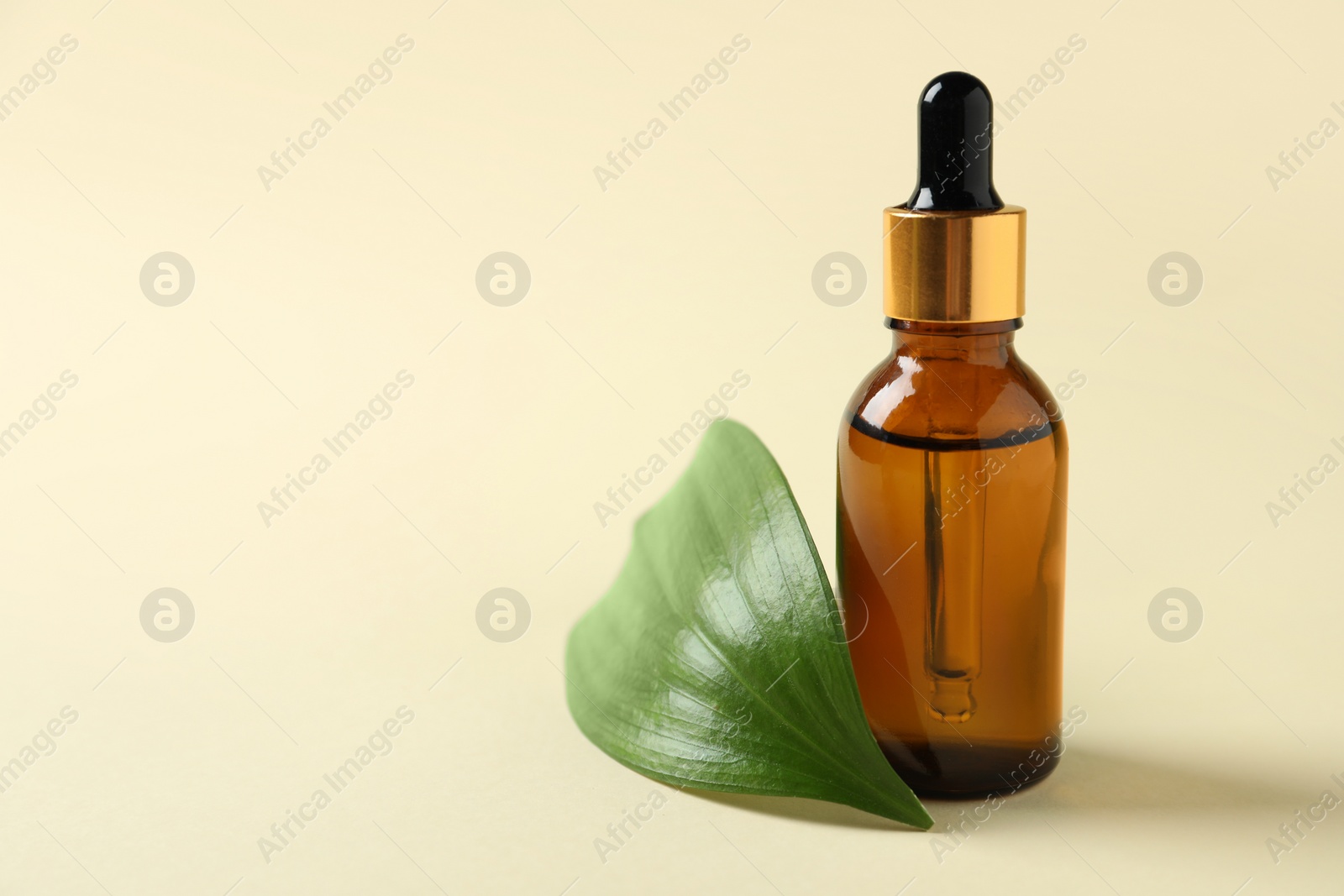 Photo of Bottle of cosmetic oil and leaf on beige background. Space for text