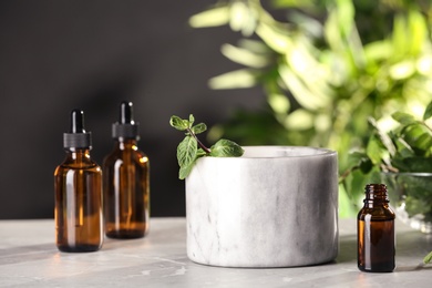 Mortar with fresh mint and bottles of essential oils on table