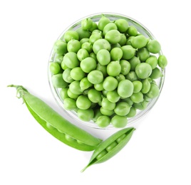 Bowl with green peas on white background, top view