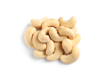 Photo of Tasty cashew nuts isolated on white, top view
