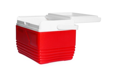 Photo of Red plastic cool box isolated on white